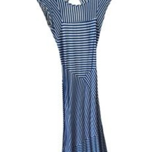 Bebe Dress Bang Bang Boheme Mixed Mini Stripe Maxi Blue & White Open Back Medium - Picture 5 of 16